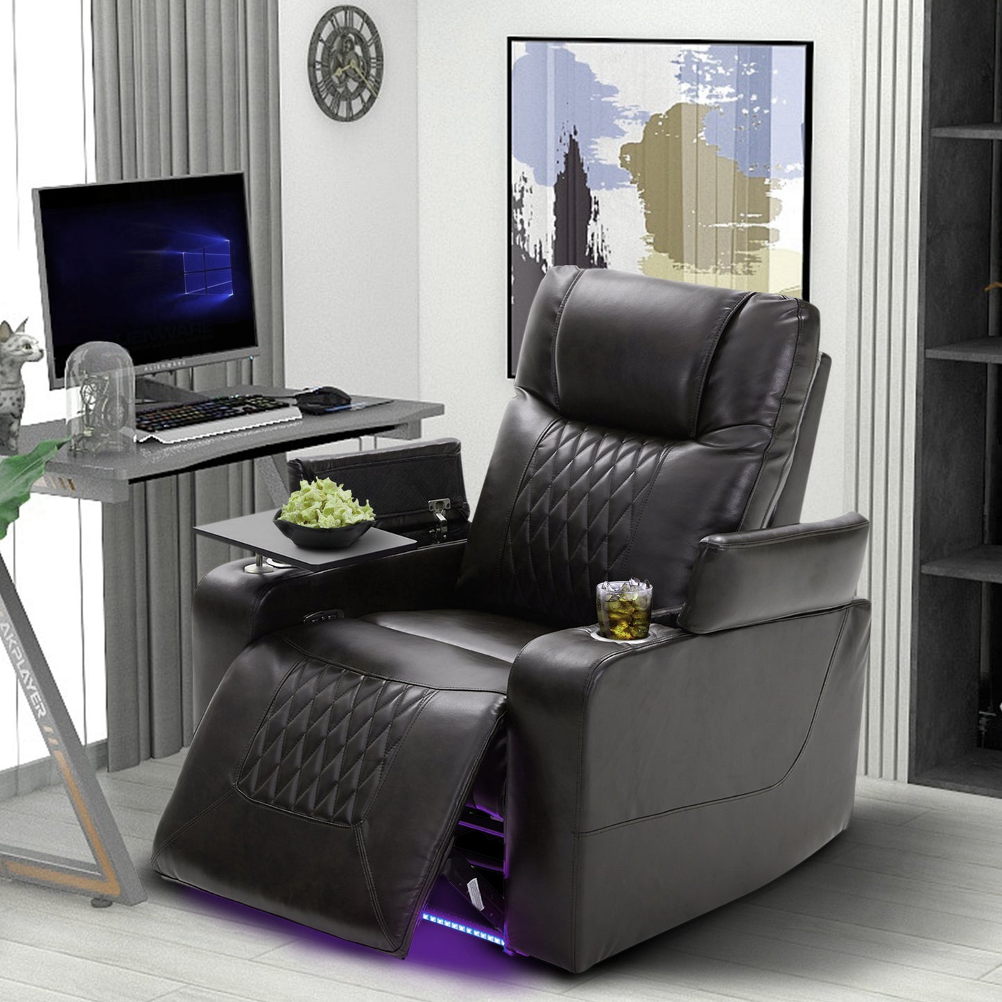 Electric Black Leather Recliner with USB Charger, Swivel Tray, and Hidden Storage