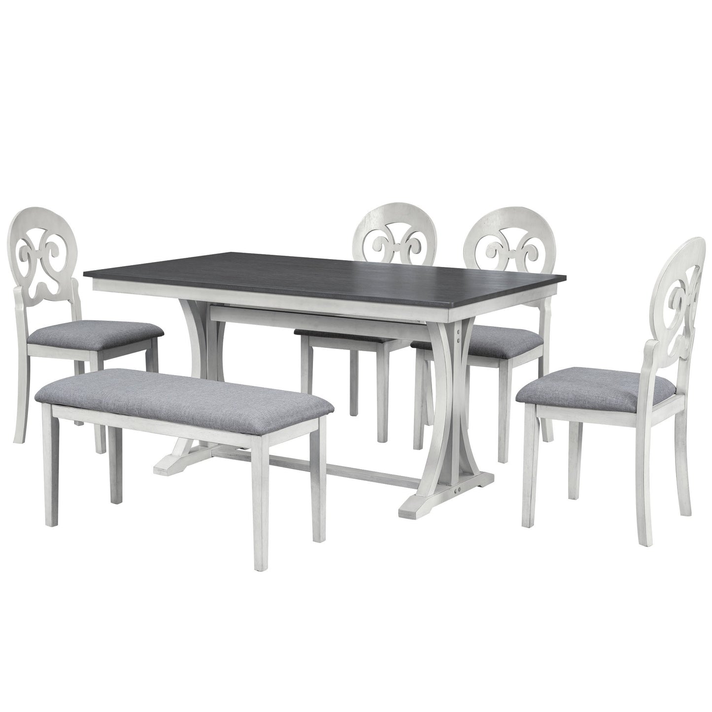 Mid-Century 6-Piece Trestle Table Set with Victorian Round Upholstered Dining Chairs and Long Bench, Gray+Antique White