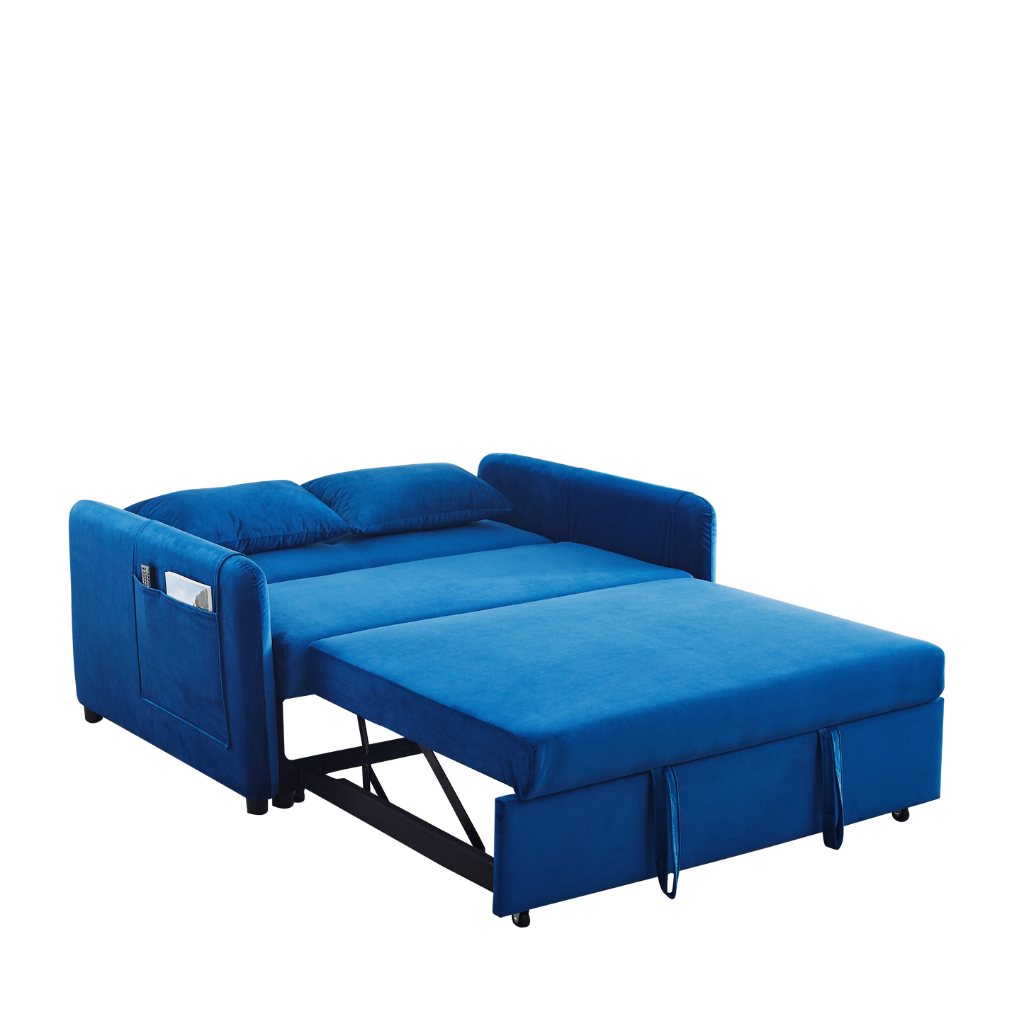 Convertible Sofa Bed, 3-in-1 Versatile Velvet Double Sofa with Pullout Bed, Seat with Adjustable Backrest, Lumbar Pillows, and Living Room Side Pockets, 54 Inch, Blue