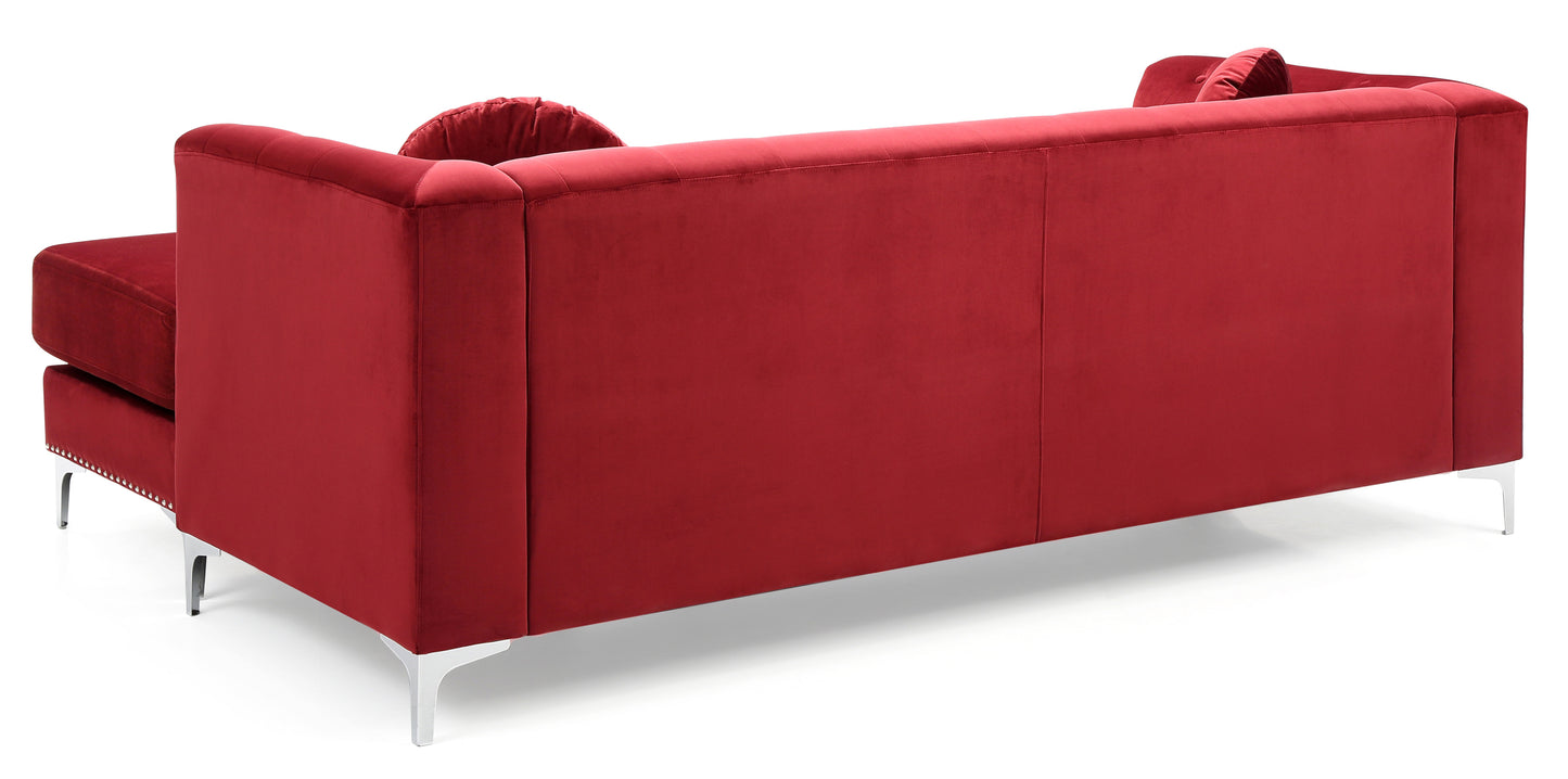 Burgundy Velvet Mid Century Sofa Chaise with Chromed Steel Legs