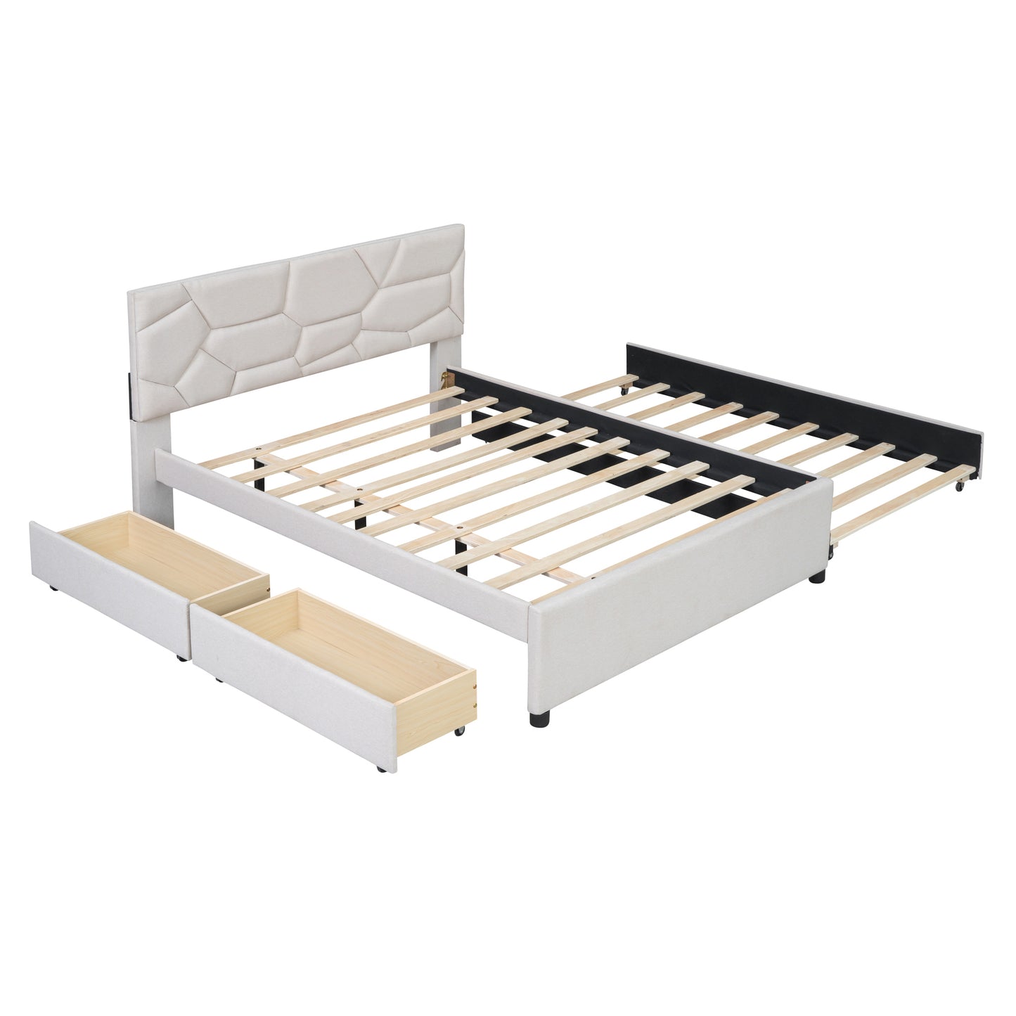 Full Size Upholstered Platform Bed with Brick Pattern Headboard, with Twin Size Trundle and 2 Drawers, Linen Fabric, Beige