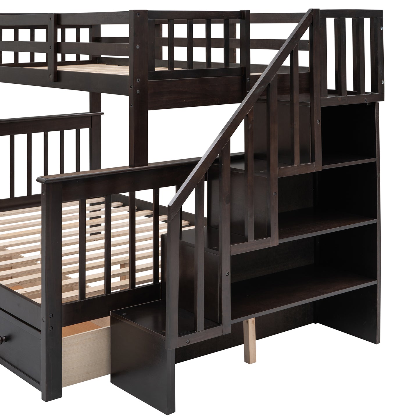 Stairway Twin-Over-Full Bunk Bed with Drawer and Storage in Espresso - Ultimate Sleeping Solution