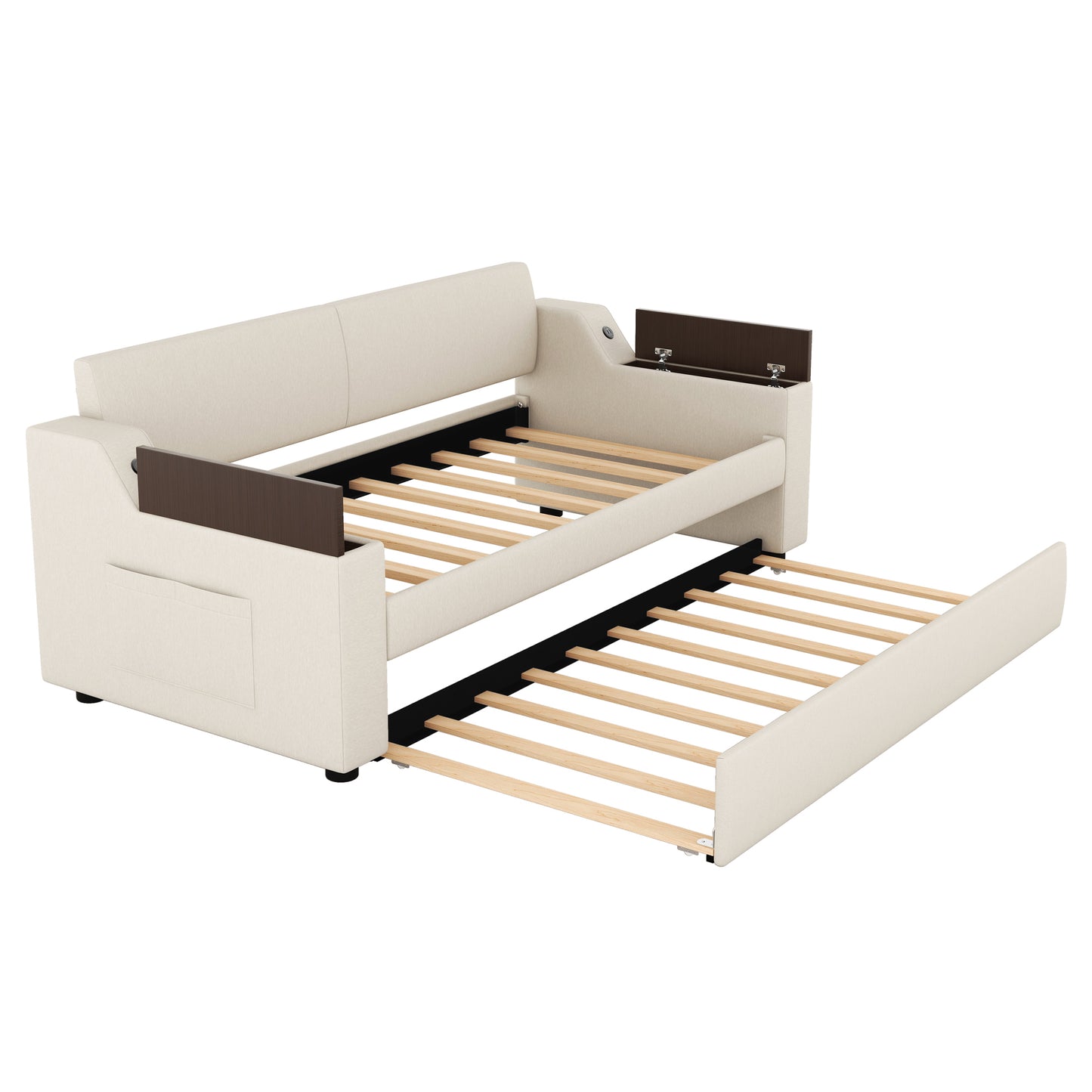 Twin Size Upholstery Daybed with Storage Arms, Trundle and USB Design, Beige