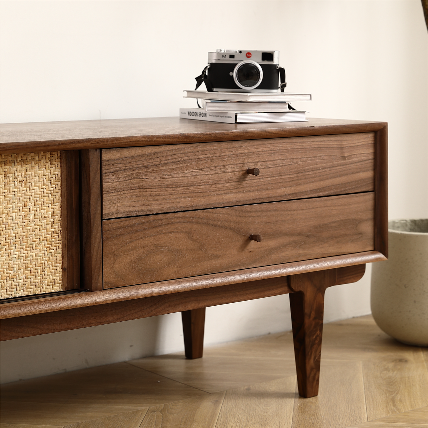 Black Walnut Rattan TV Stand with Ample Storage Space