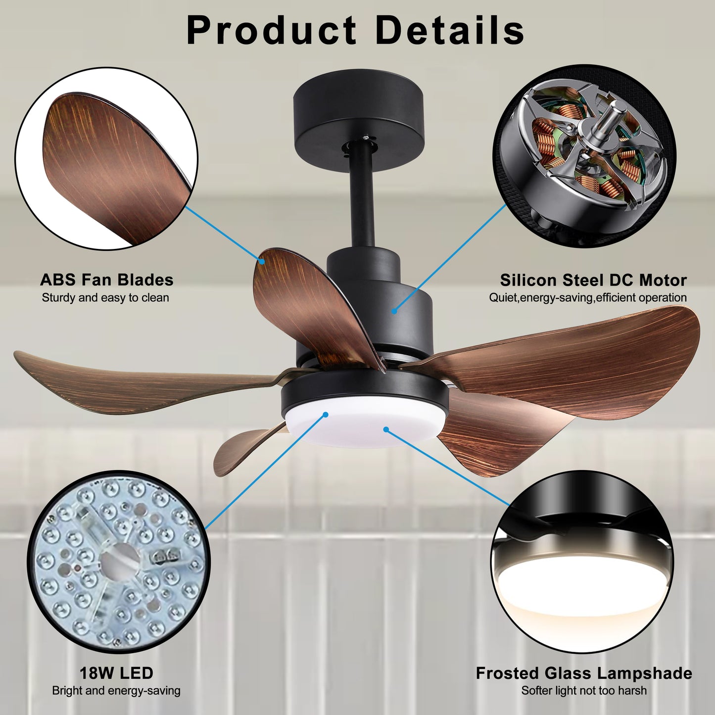 28 Inch Ceiling Fan with Lights Remote Control - Modern Black Walnut Design