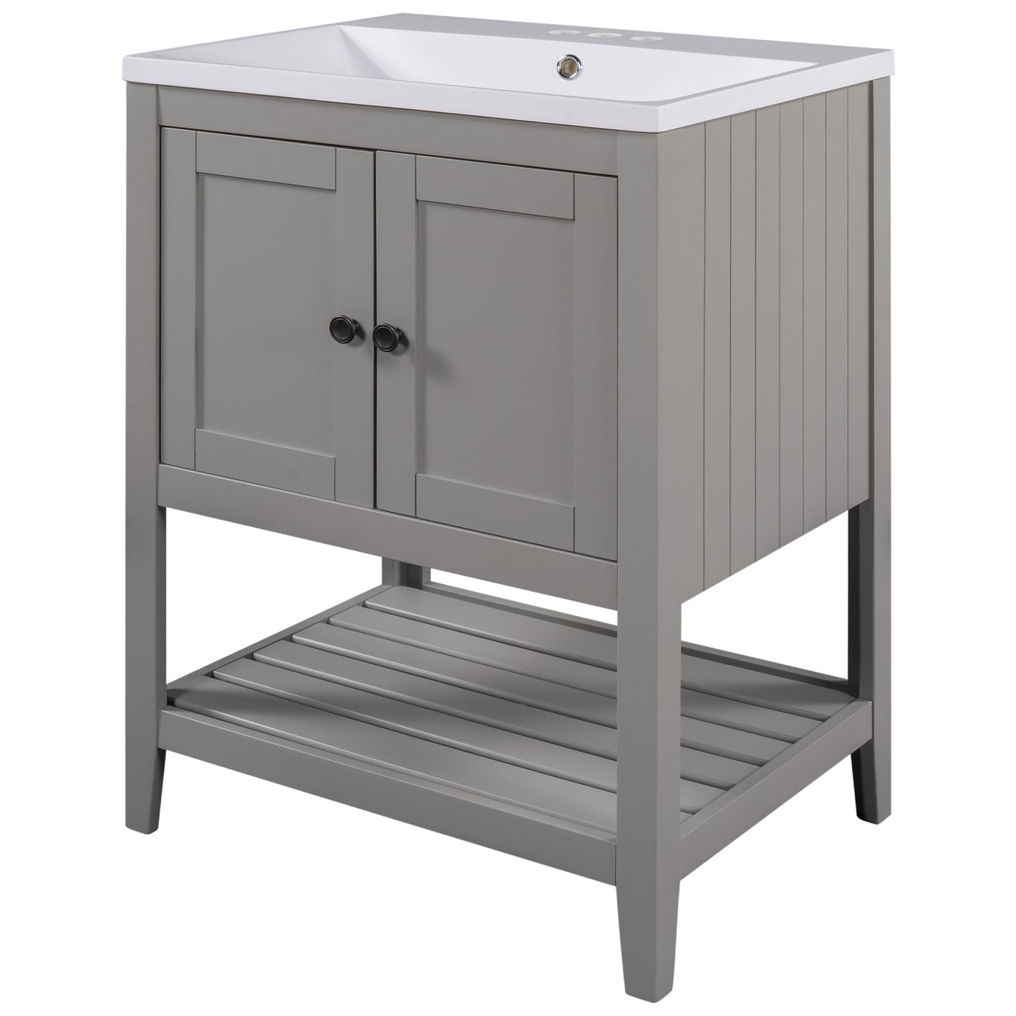 24" Grey Modern Sleek Bathroom Vanity Elegant Ceramic Sink with Solid Wood Frame Open Style Shelf