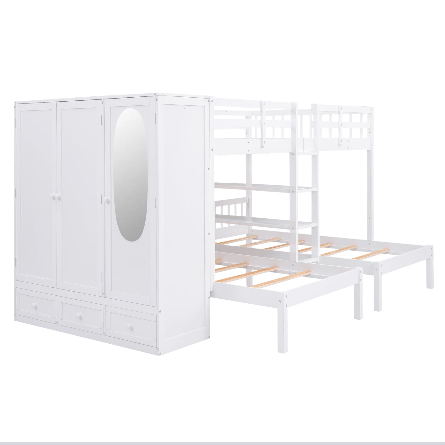 Triple Bunk Bed with Shelves, Wardrobe, and Mirror in White - Space-Saving Family Bunk Bed