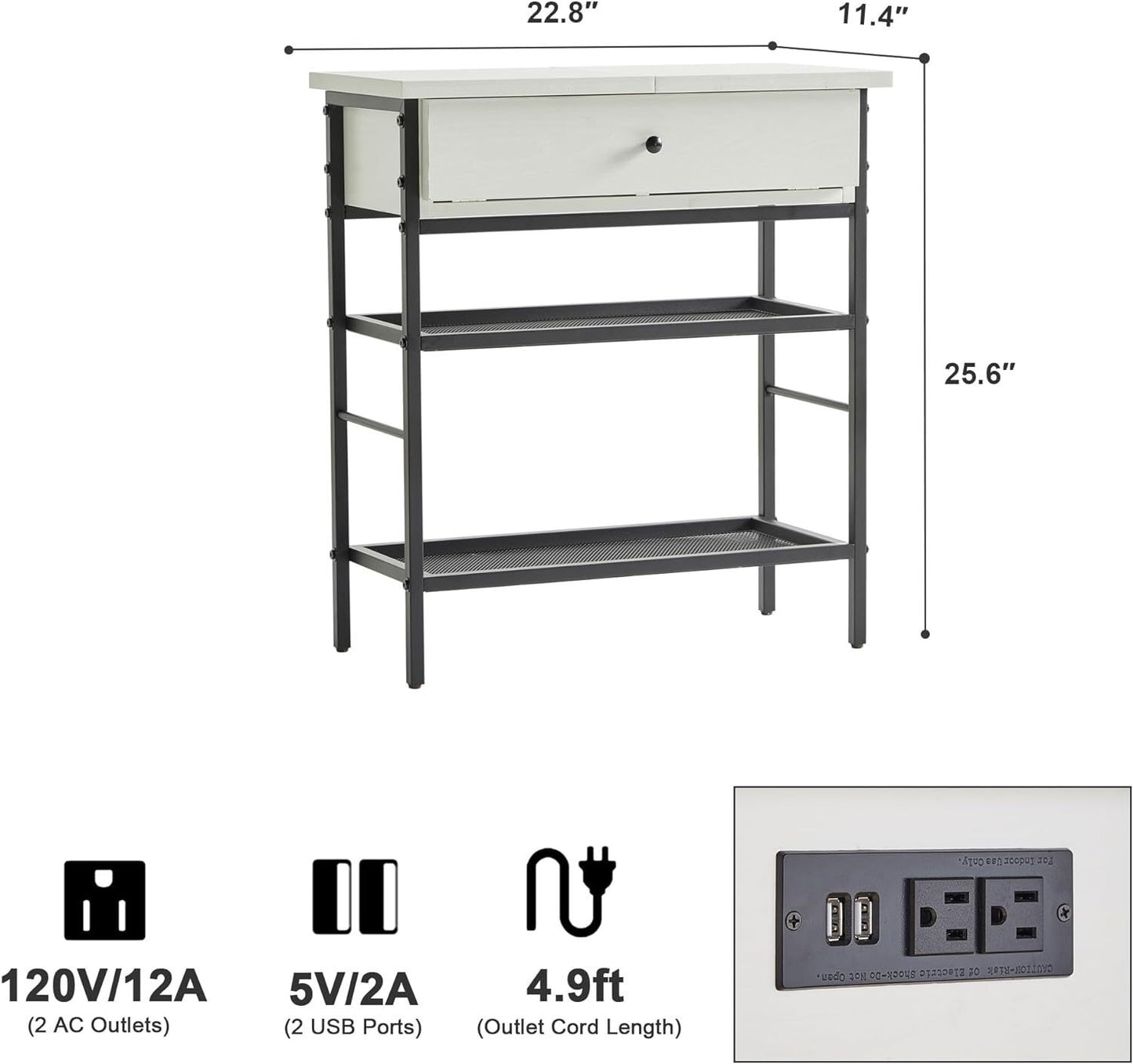 Sleek White End Table with Charging Station for Living Room and Bedroom