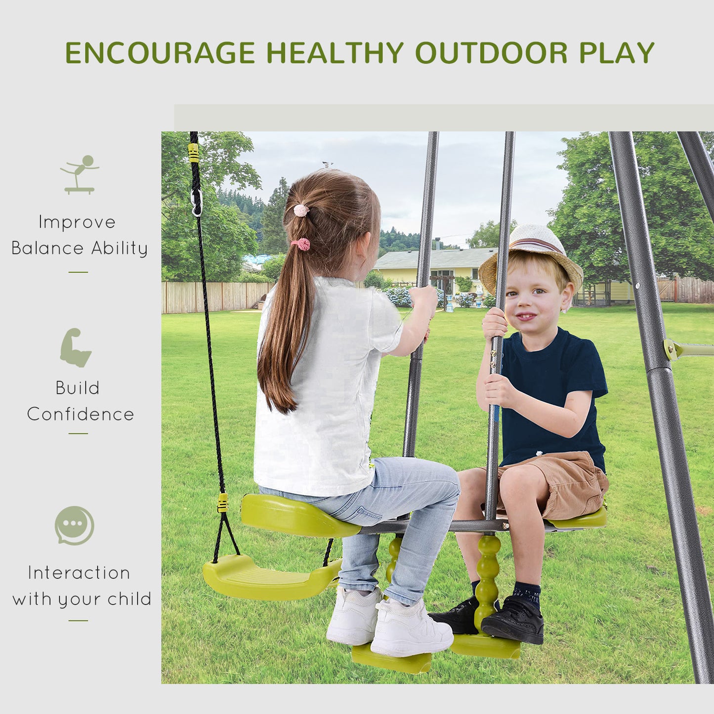 3-in-1 Kids Metal Swing Set for Backyard with Swing, Glider, and Climbing Ladder