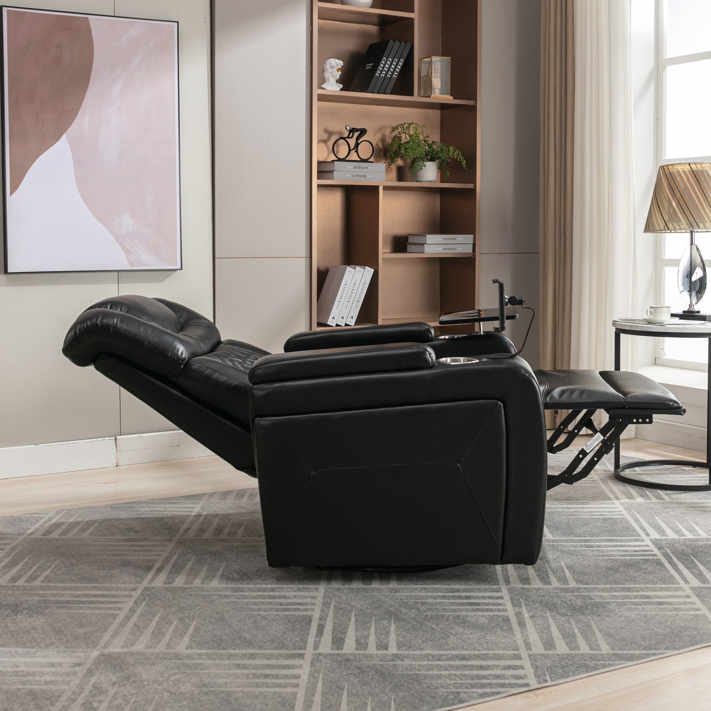 Luxury Black Swivel Recliner Chair with Tray Table, Phone Holder, and USB Port