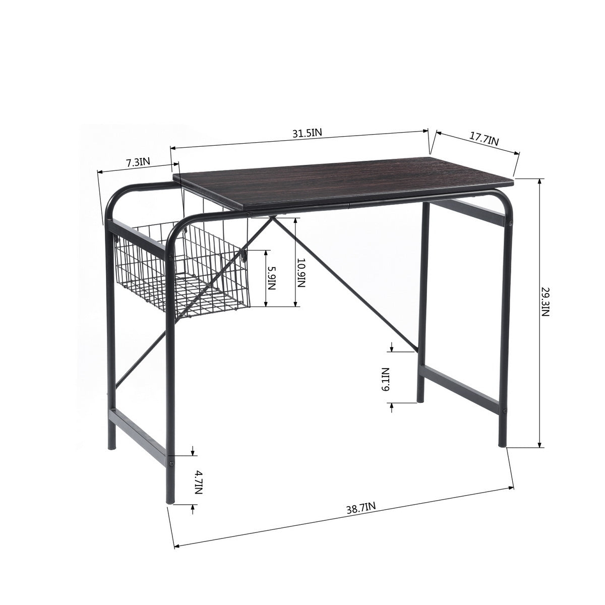 Compact Modern 31.5 Computer Desk with Wire Storage Basket - Walnut & Black