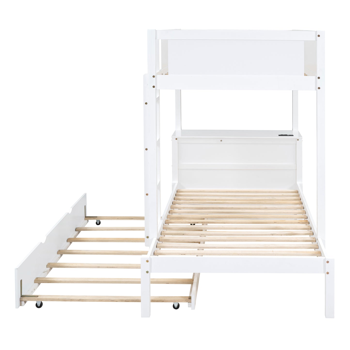 Twin Loft Bed with Trundle, Storage, Desk, and USB Outlets, White