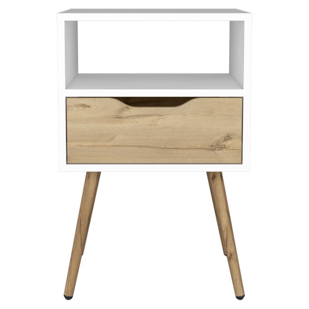 Otom Nightstand , Superior Top, One Open Shelf, One Drawer, Four Legs -White / Light Oak