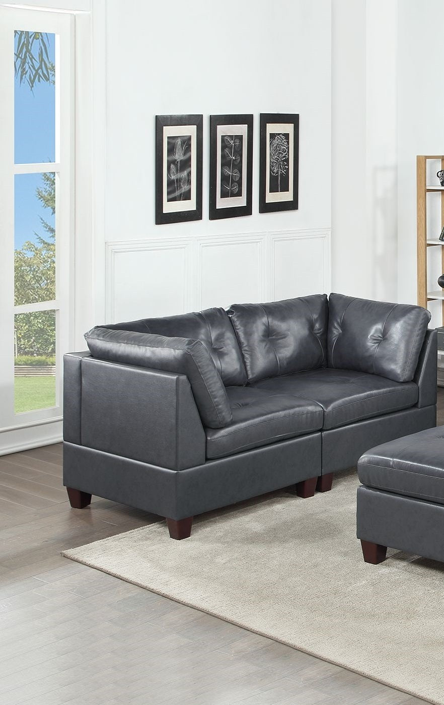 Luxurious Contemporary Black Leather Tufted Sectional Sofa Set