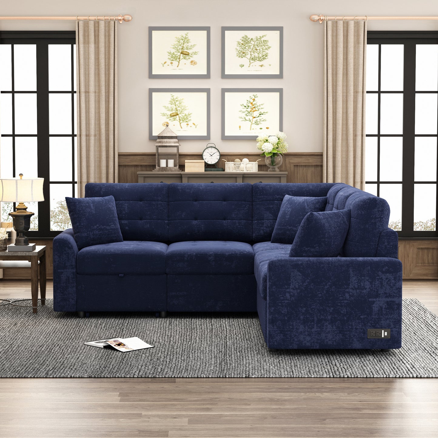 Convertible Navy Blue L-Shape Sleeper Sofa with USB Ports and Power Sockets