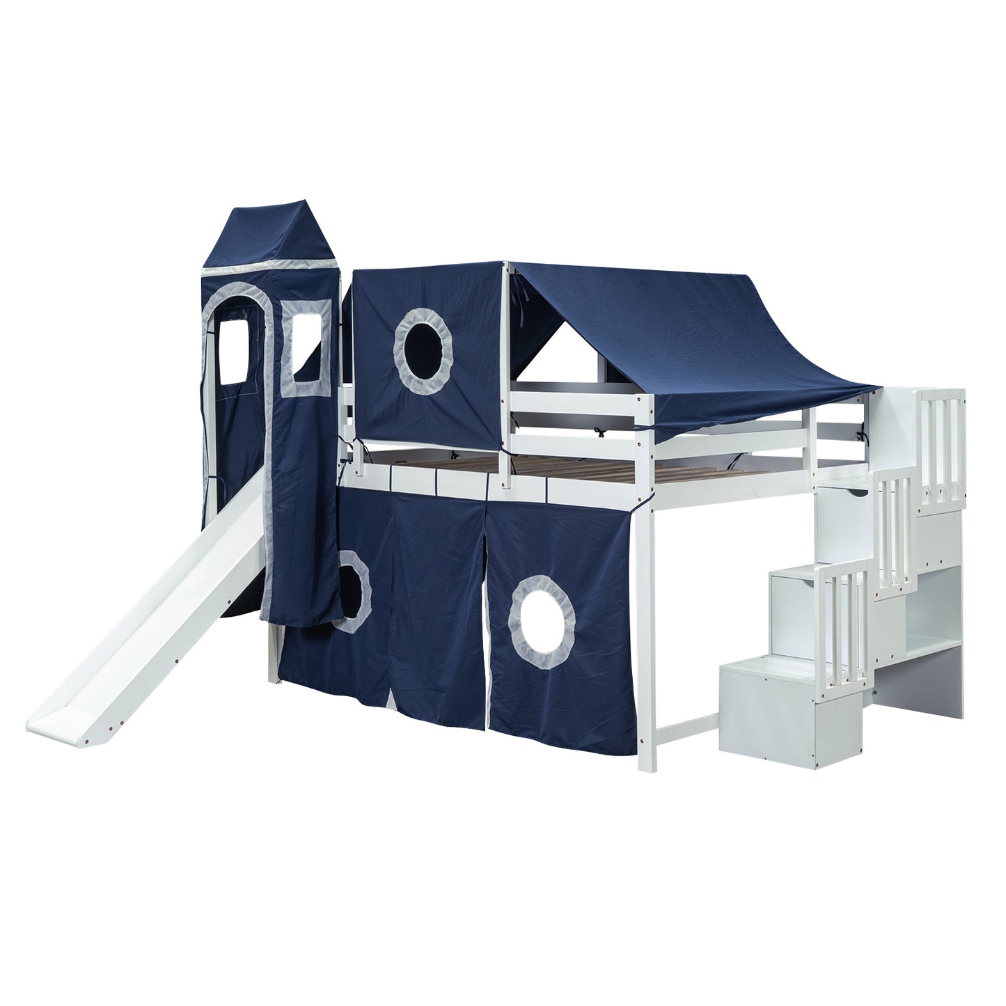 Full Size Loft Bed with Tent and Tower - Blue