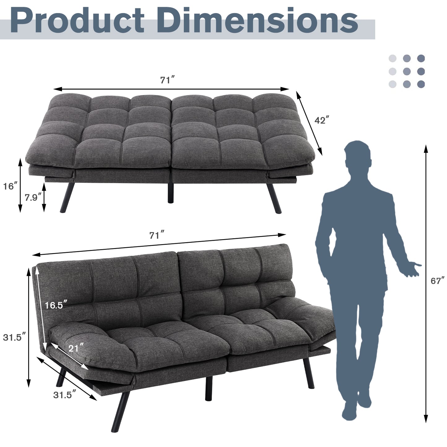 Sweetcrispy Futon Sofa Bed - Sleeper Convertible Futon Couch, Memory Foam Couch Convertible Loveseat for Living Room