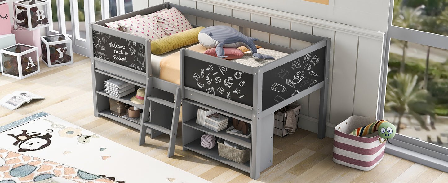 Twin Size Low Loft Bed with Two Movable Shelves and Ladder,with Decorative Guardrail Chalkboard,Gray(: WF283286AAE)