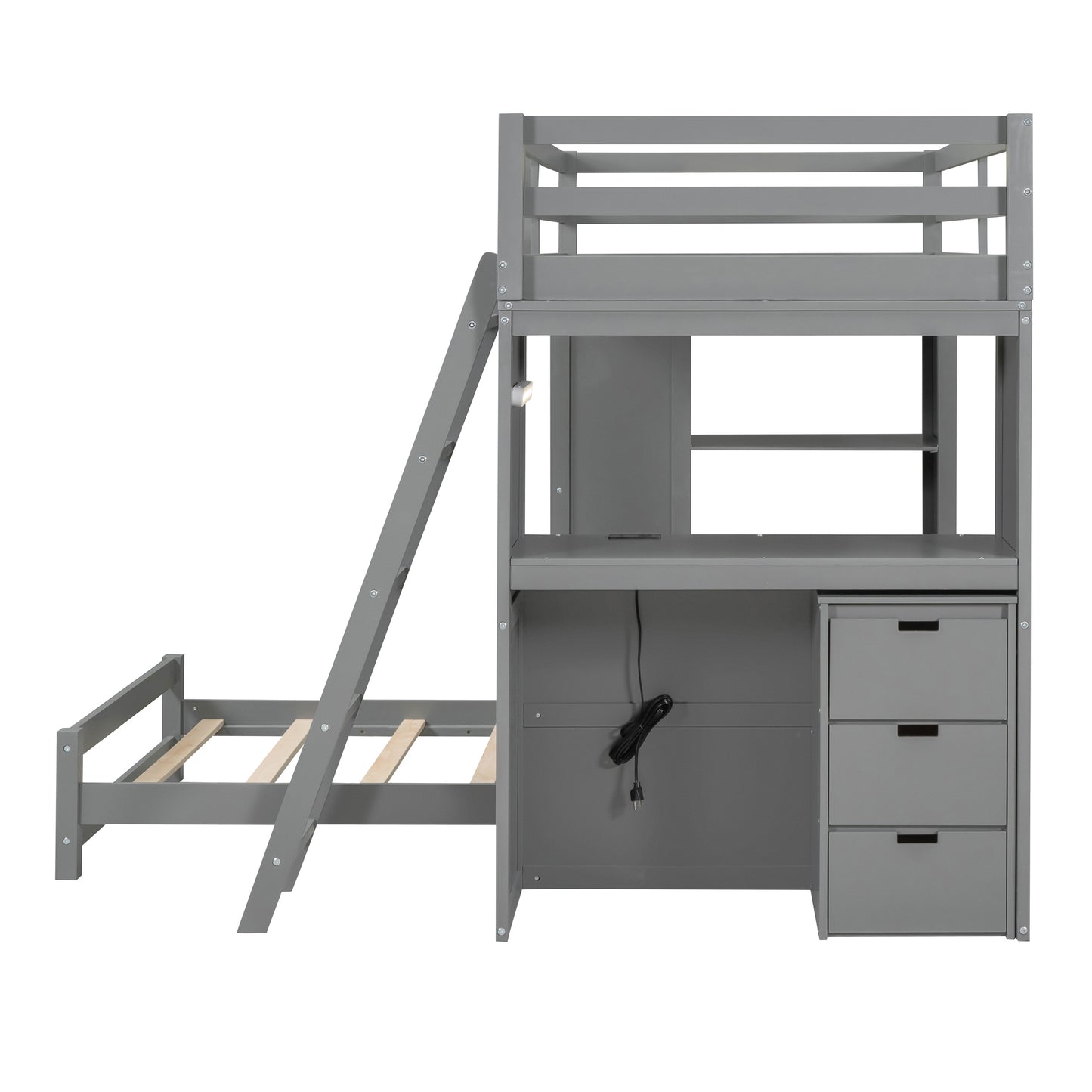 Twin Over Twin Gray Bunk Bed with LED Light, USB Ports, and Storage Space