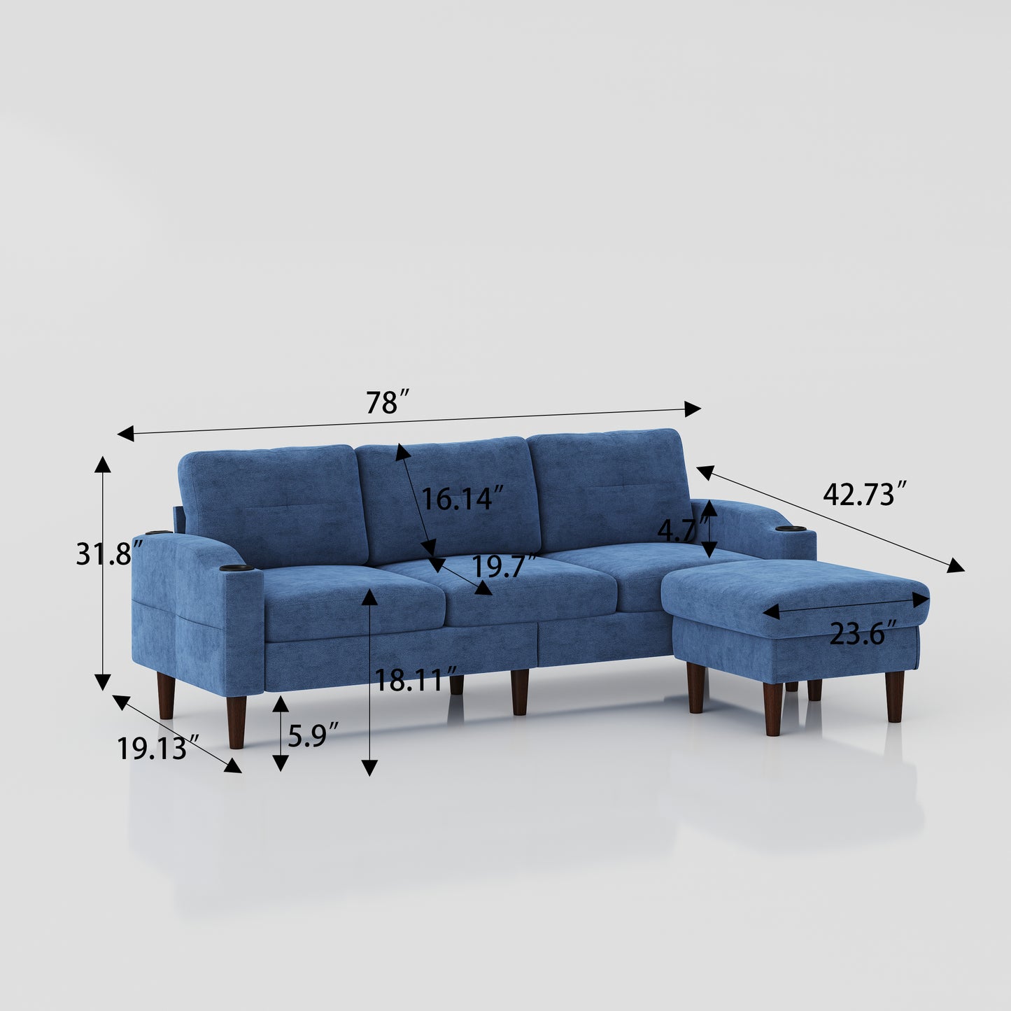 Convertible Combination Sofa Sofa L-Shaped Sofa with Storage Cabinet Footstool, Living Room Navy Blue Sofa, Living Room/Bedroom/Office/Small Space 3-Seater Combination Sofa