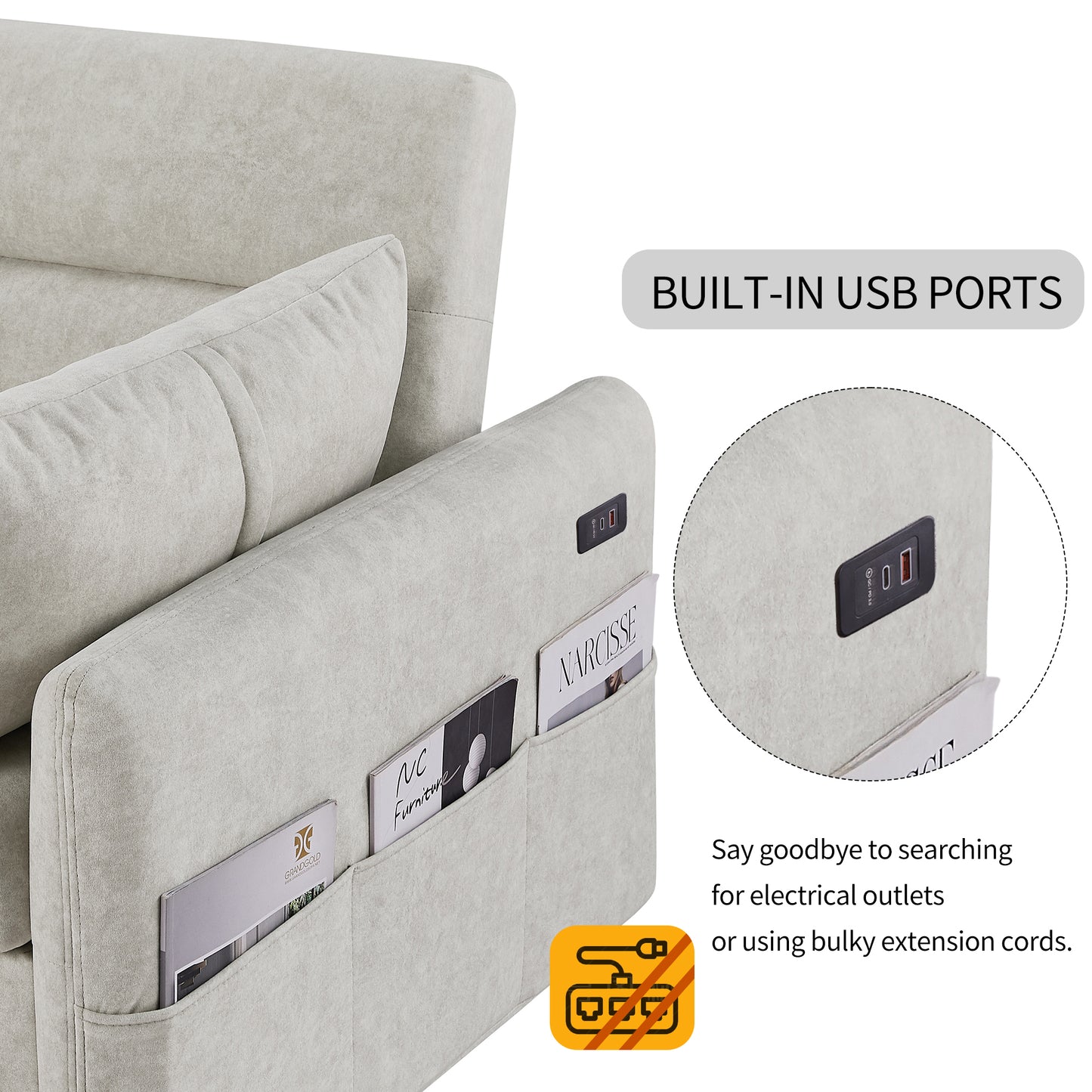 Adjustable Pull Out Sleep Sofa Bed Loveseat Couch with Storage Pockets, USB Ports, Beige