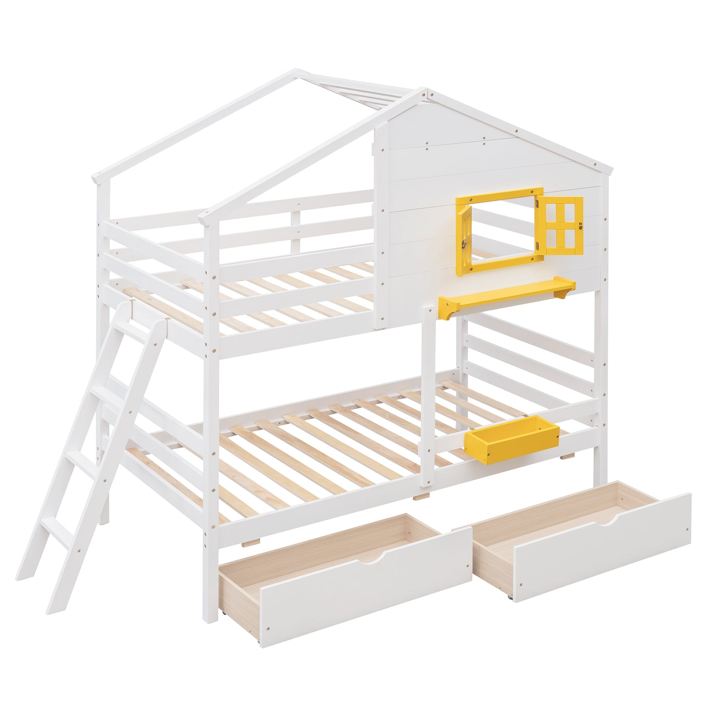 White Playhouse-Inspired Twin Bunk Bed with Storage and Roof