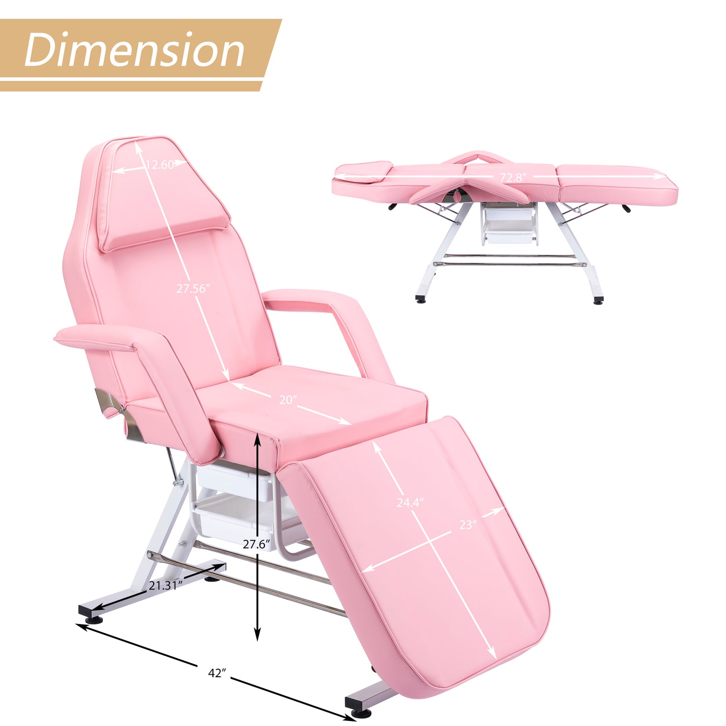 Massage Salon Tattoo Chair  with Two Trays Esthetician Bed with Hydraulic Stool,Multi-Purpose 3-Section Facial Bed Table, Adjustable Beauty Barber Spa Beauty Equipment, Pink