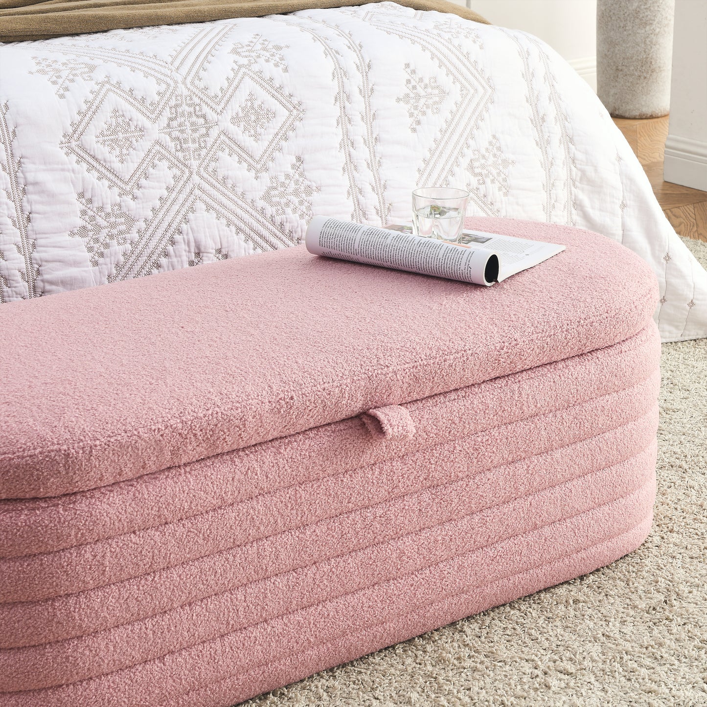 [Video] Welike Length 45.5 inchesStorage Ottoman Bench Upholstered Fabric Storage Bench End of Bed Stool with Safety Hinge for Bedroom, Living Room, Entryway, pink teddy.