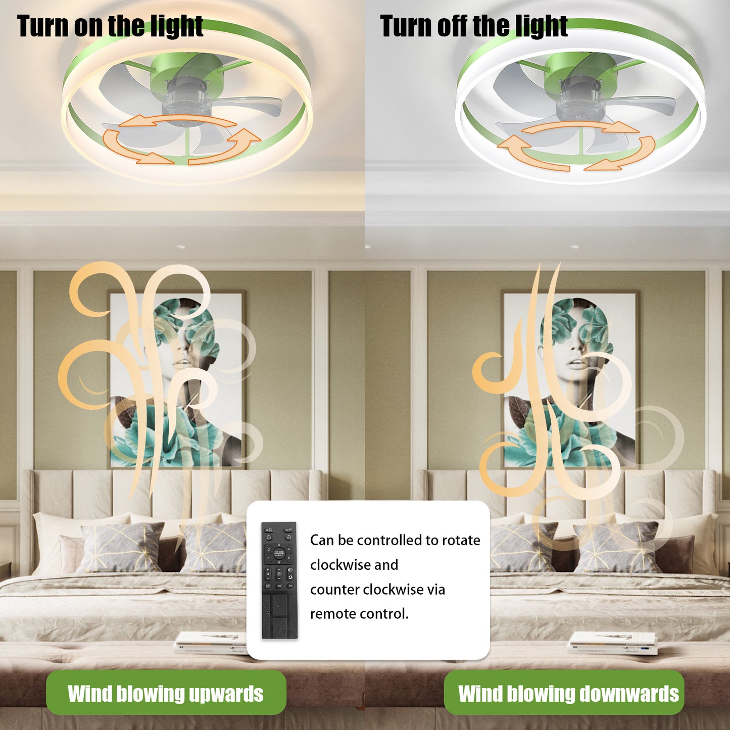 Green Modern Ceiling Fan with Dimmable LED Lights and Remote Control