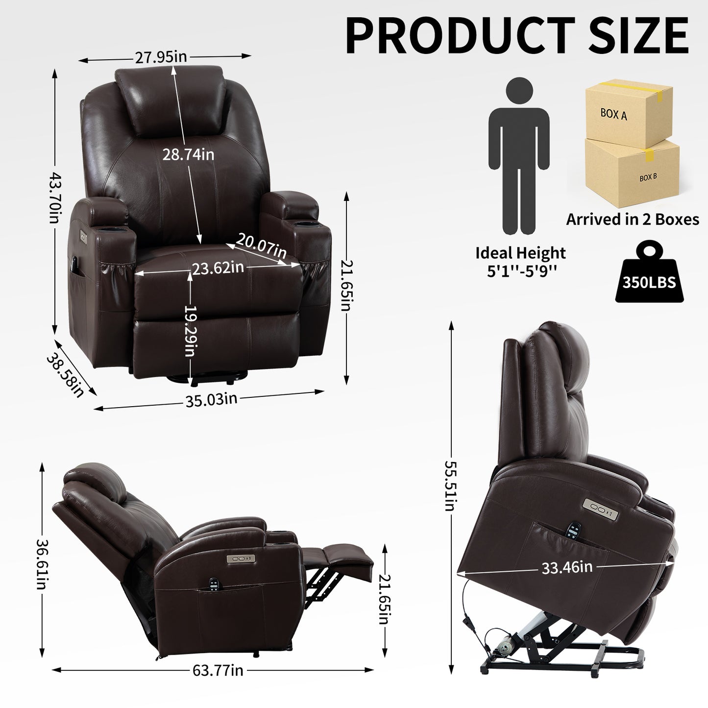 350lbs Okin Motor Power Lift Recliner Chair with Massage and Heating, Cup Holders and USB Charge Port - Brown