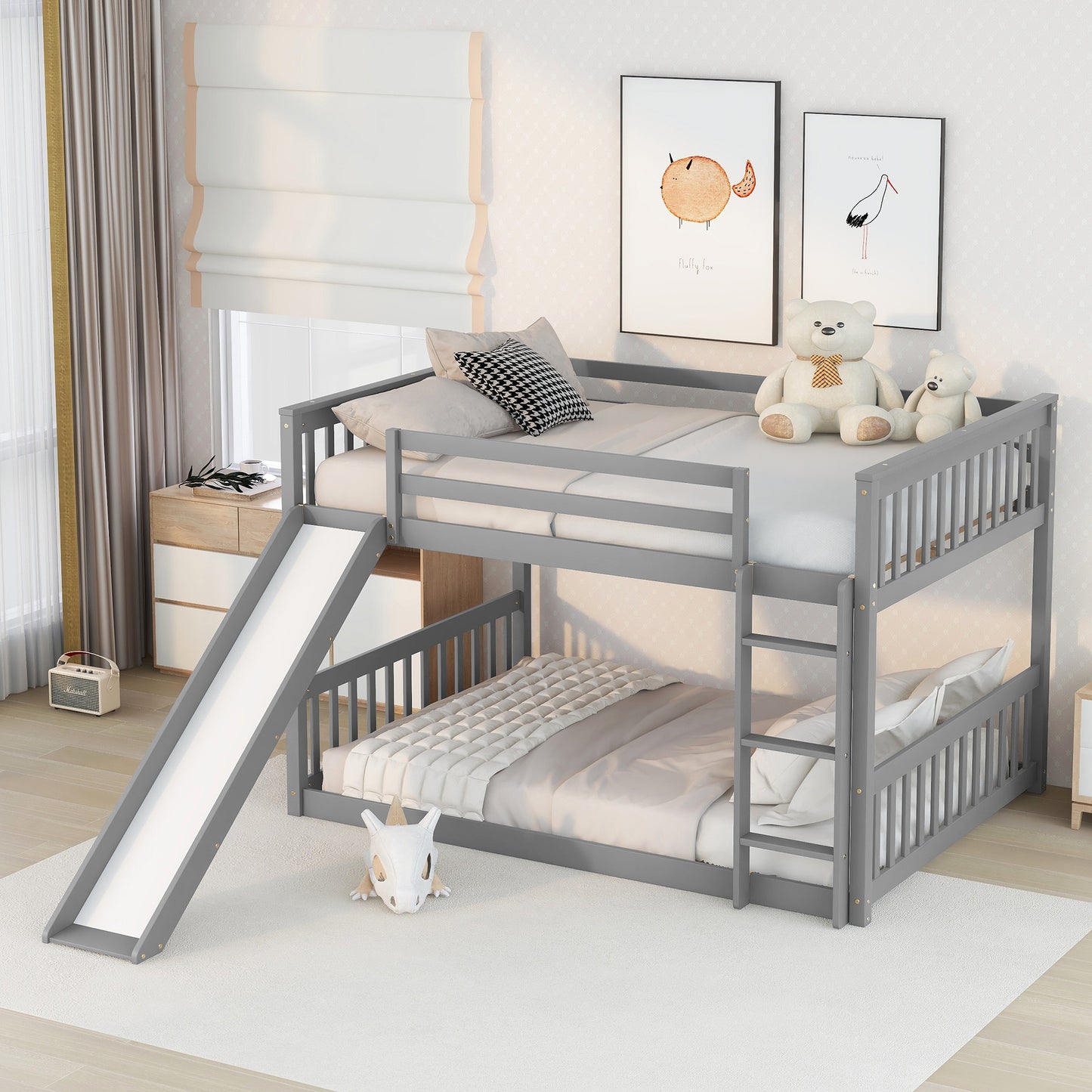 Grey Bunk Bed with Slide, Ladder, and Modern Design