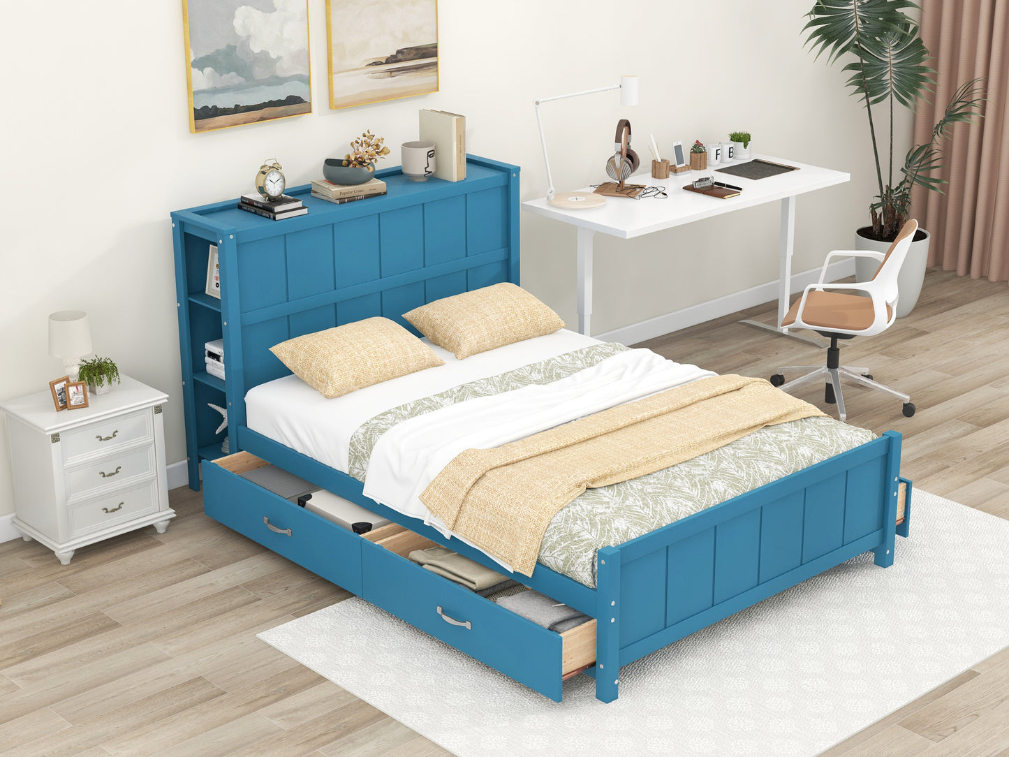 Full Size Platform Bed with Drawers and Storage Shelves, Blue