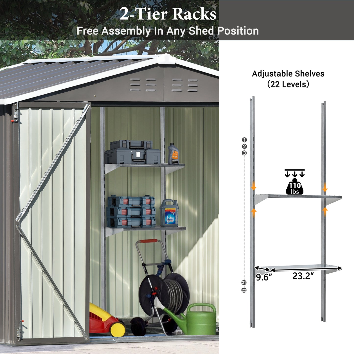 Patio 8ft x6ft Bike Shed Garden Shed, Metal Storage Shed with Adjustable Shelf and Lockable Doors, Tool Cabinet with Vents and Foundation Frame for Backyard, Lawn, Garden, Gray