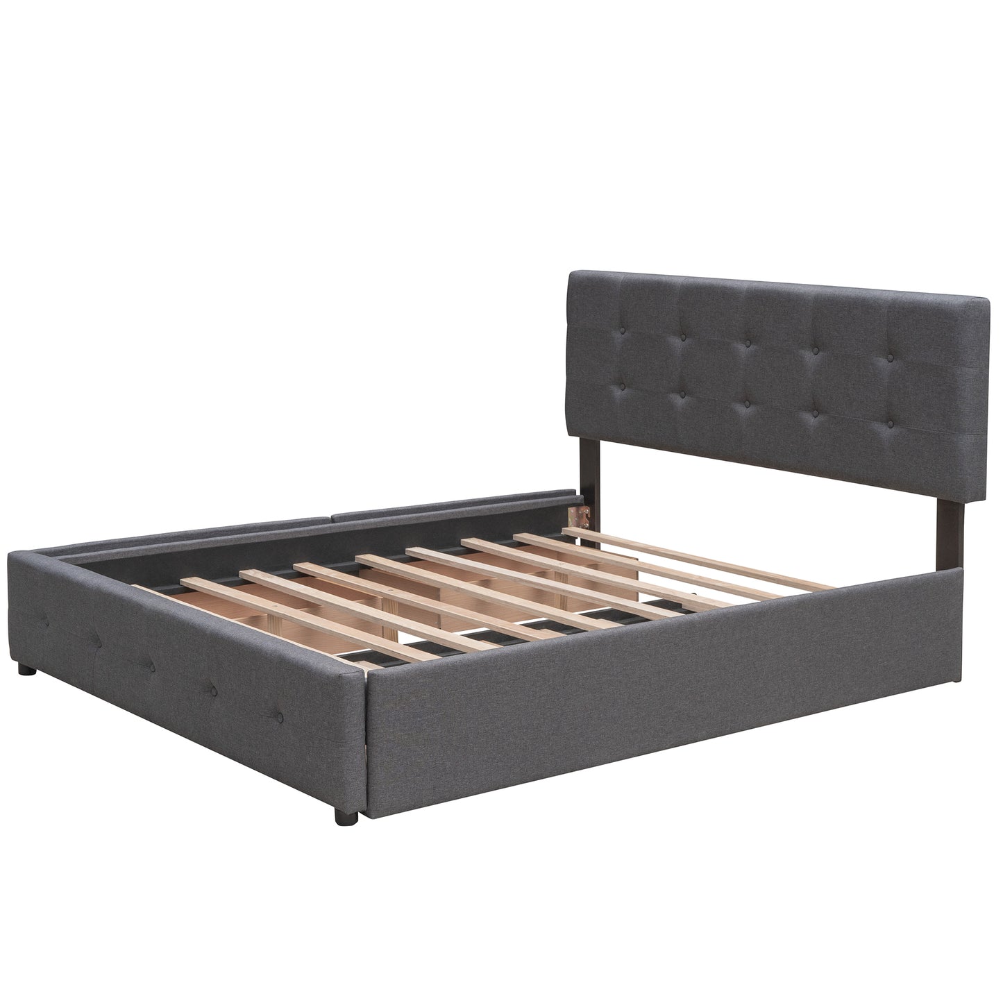 Upholstered Platform Bed with 2 Drawers and 1 Twin XL Trundle,  Linen Fabric, Queen Size - Dark Gray