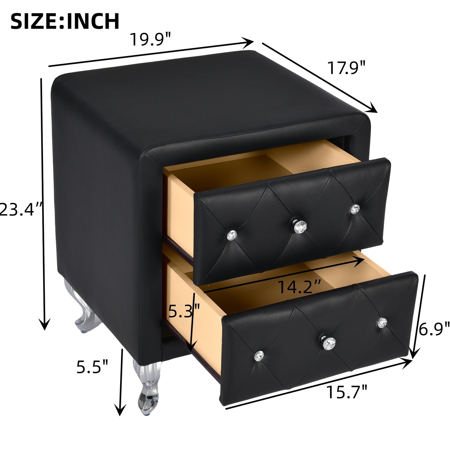 Elegant PU Nightstand with 2 Drawers and Crystal Handle,Fully Assembled Except Legs&Handles,Storage Bedside Table with Metal Legs - Black