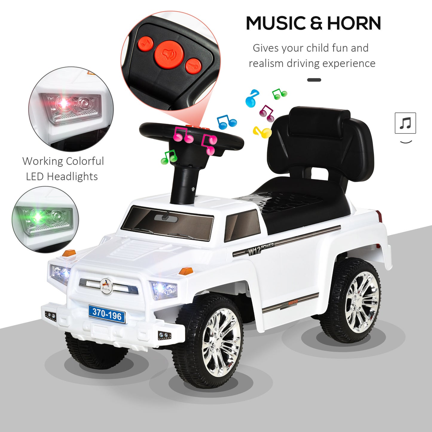 Kids Ride on Push Car, SUV Style Sliding Walking Car for Toddle with Horn, Music, Working Lights, Hidden Storage and Anti-dumping System, White