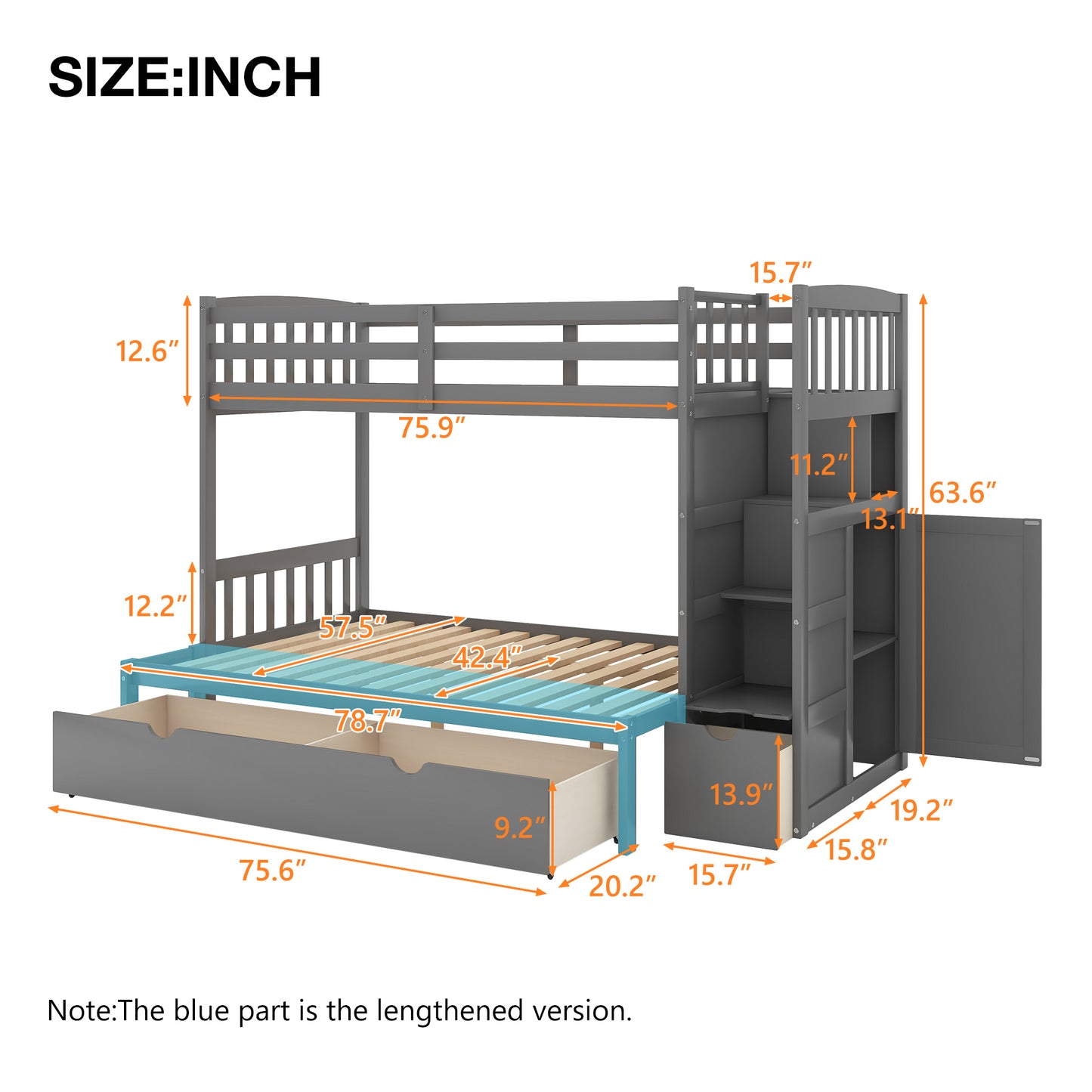 Storage Solution Gray Twin over Full Bunk Bed with Shelves and Drawers