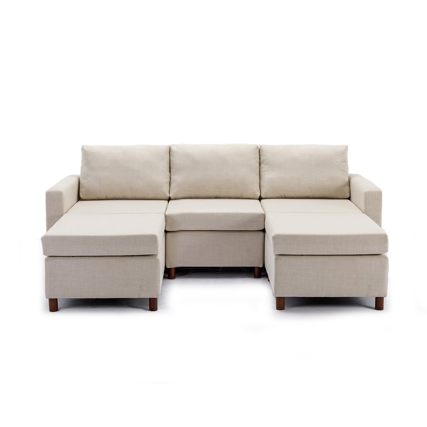 3-Seat Modular Sectional Sofa Set with 2 Ottomans, Cream Linen Upholstery