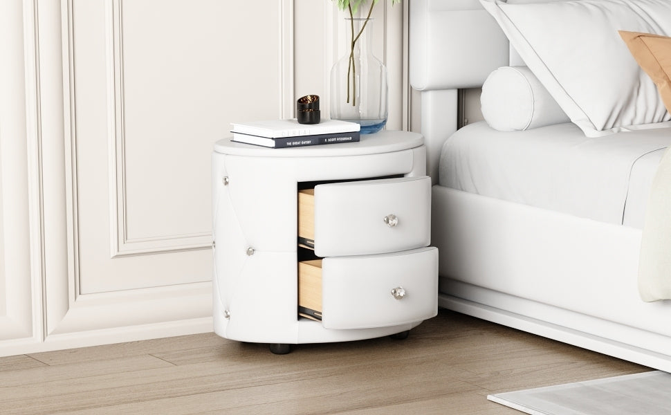 Elegant PU Nightstand with 2 Drawers and Crystal Handle,Fully Assembled Except Legs&Handles,Storage Bedside Table - White