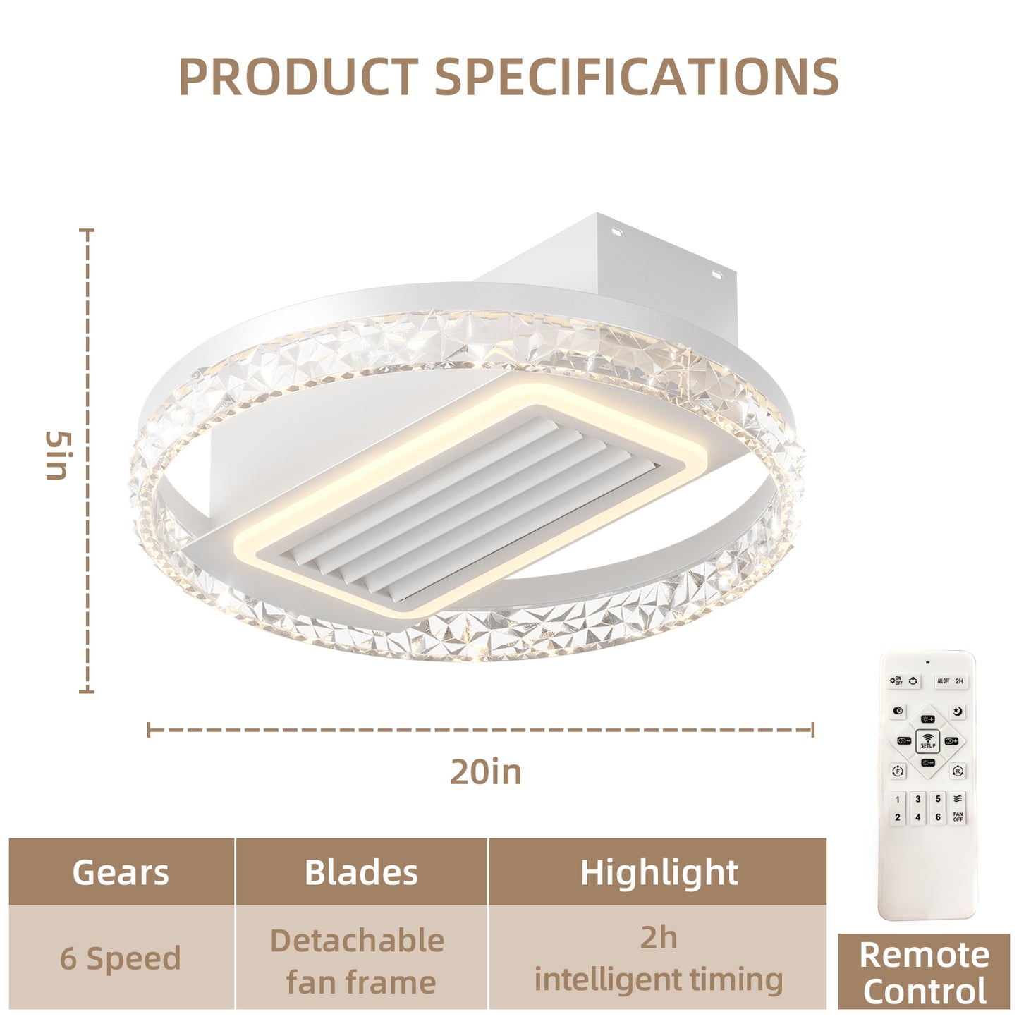 20-inch Remote Controlled Leafless Ceiling Fan with Reversible Motor and Washable Design