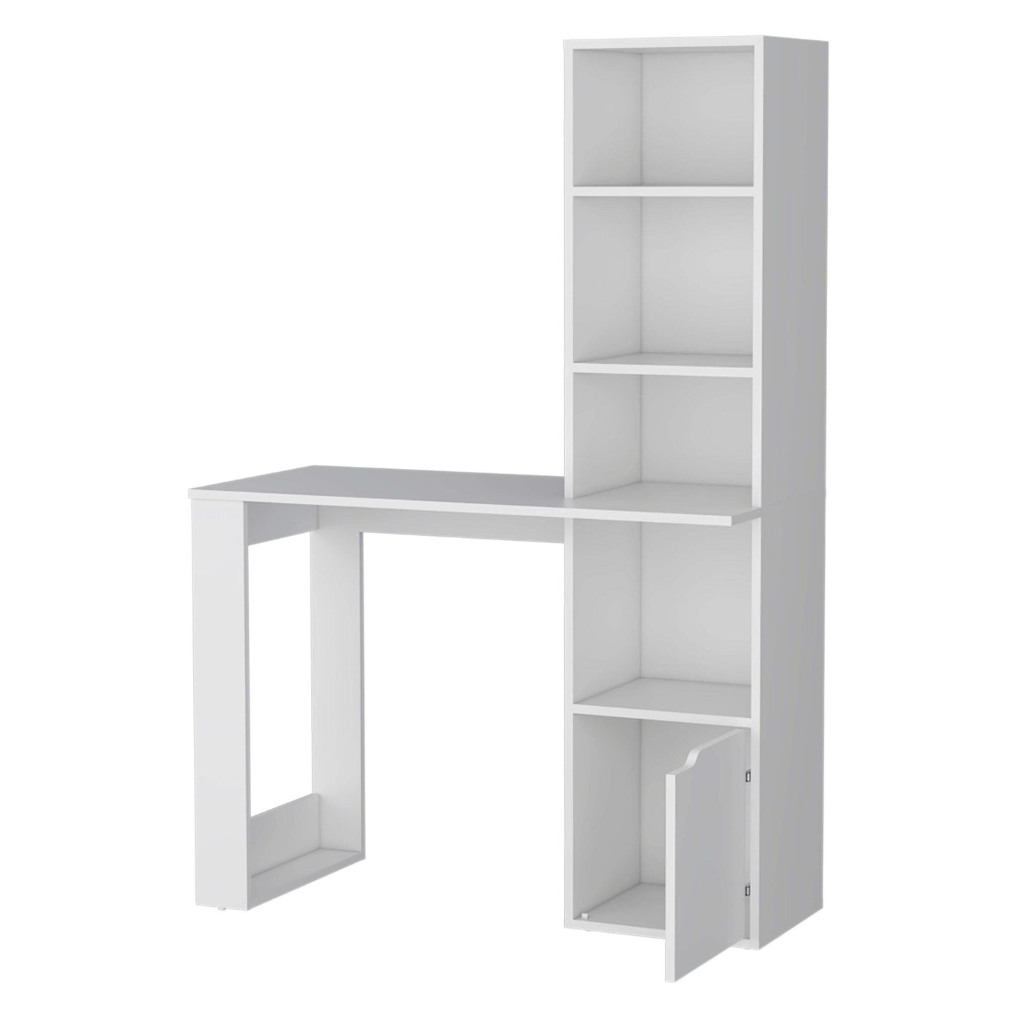 White Computer Desk with Built-In Bookcase and Cabinet for Organization