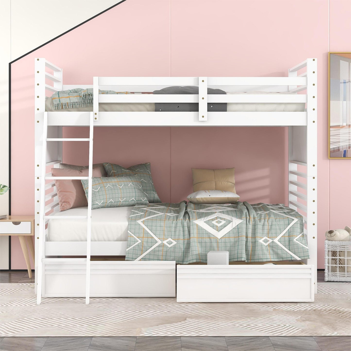 White Twin Bunk Bed with Two Underbed Drawers for Space-Saving Sleepovers