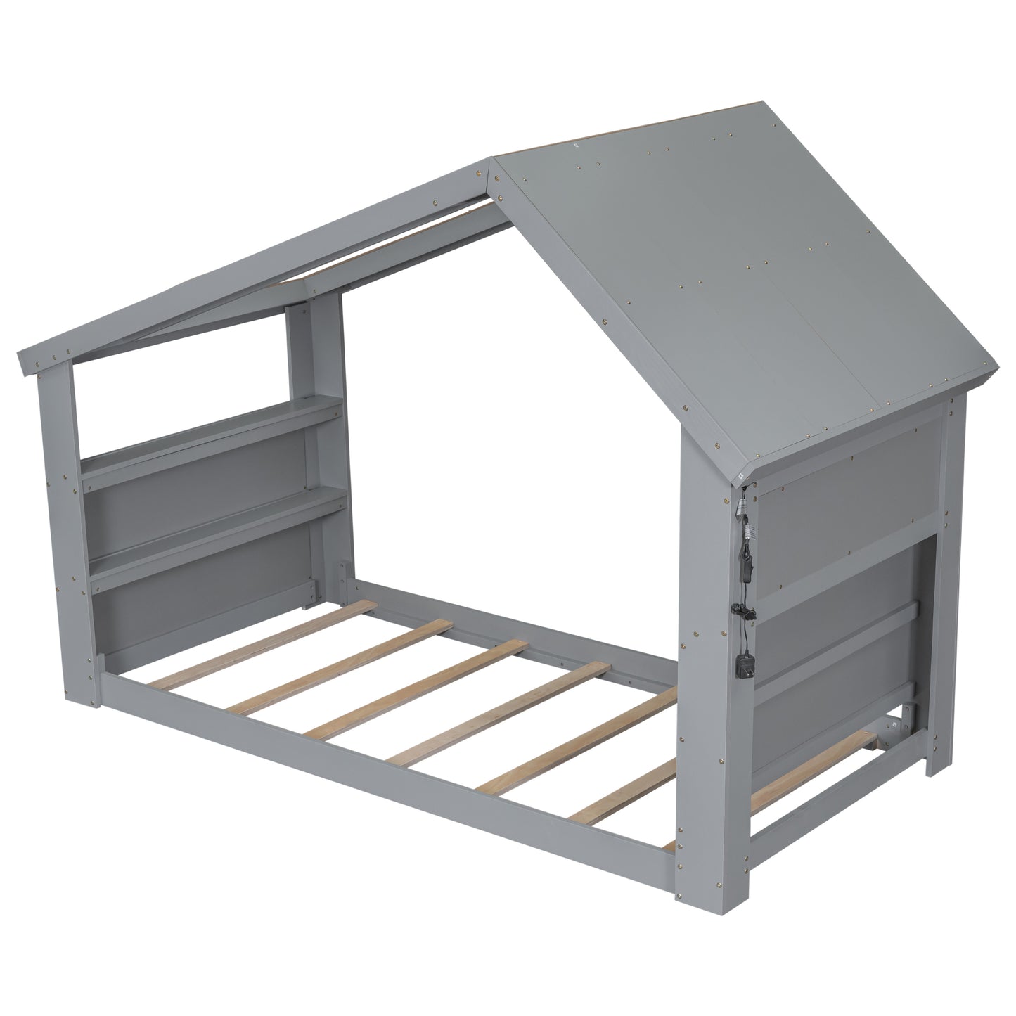 Twin House Floor Bed with Roof Window, LED Light,Grey