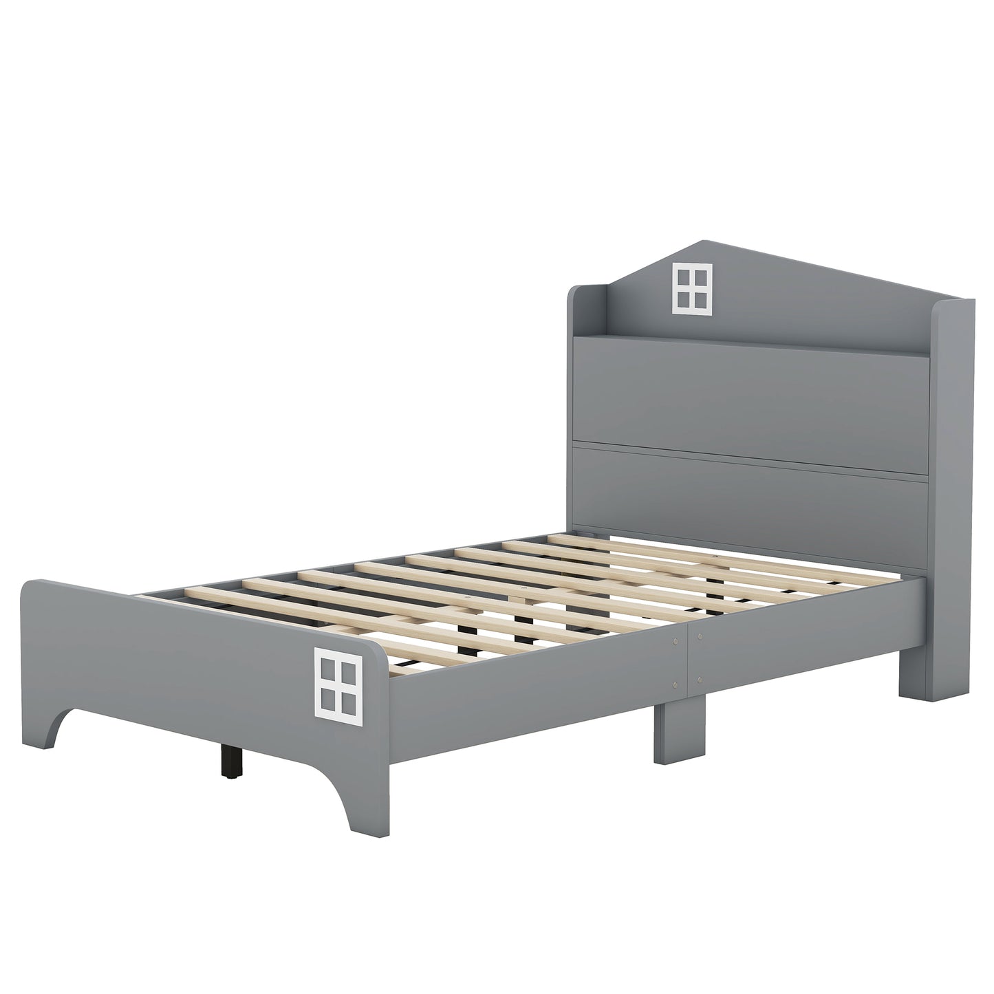 Wooden Twin Size House Bed with Storage Headboard ,Kids Bed with Storage Shelf,Grey