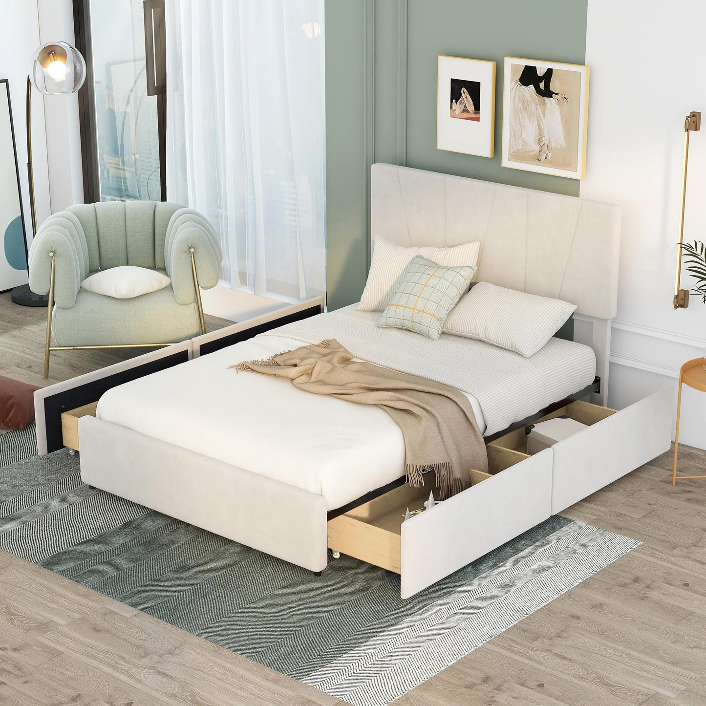 Full Size Upholstery Platform Bed with Four Drawers on Two Sides, Adjustable Headboard, Beige(: WF291773AAA)