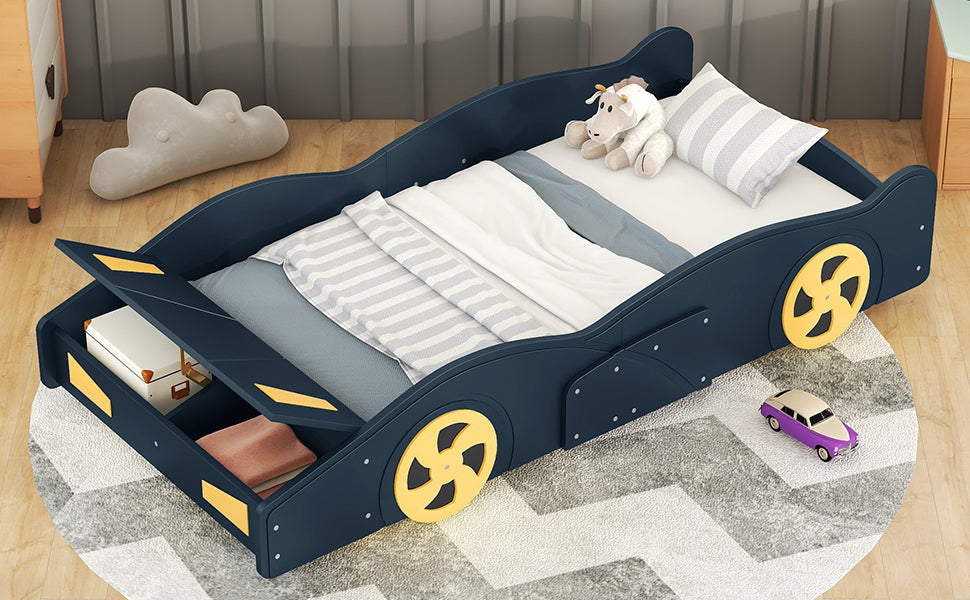 Twin Size Race Car-Shaped Platform Bed with Wheels and Storage, Dark Blue+Yellow