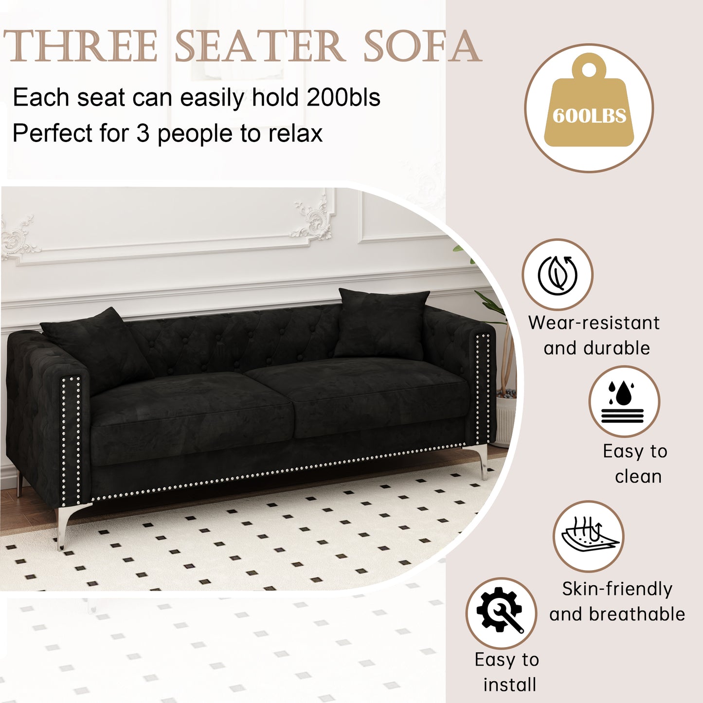 Sofa includes 2 pillows, 83 "black velvet triple sofa, suitable for large and small Spaces