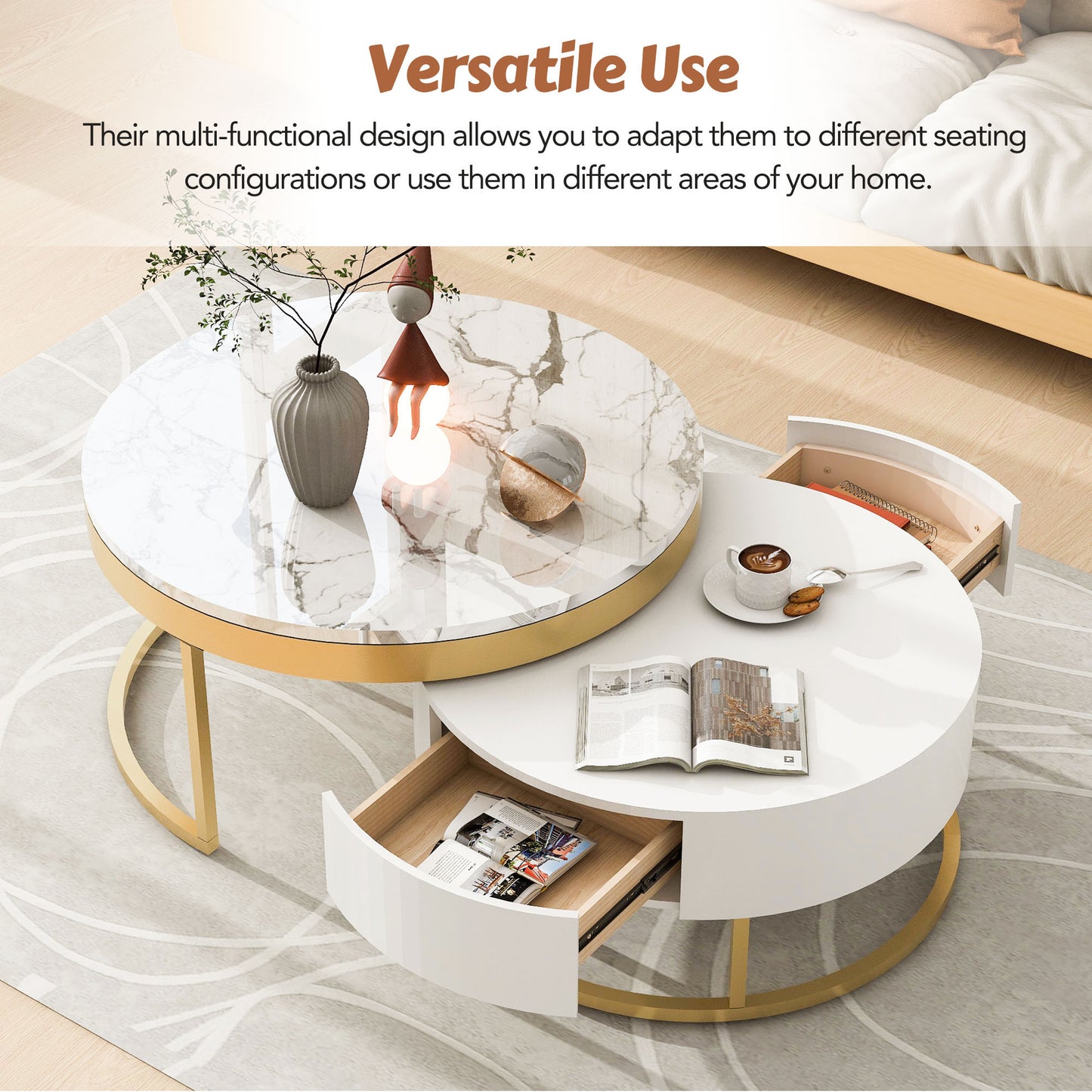 Contemporary White and Gold Nesting Coffee Table with Storage Drawers