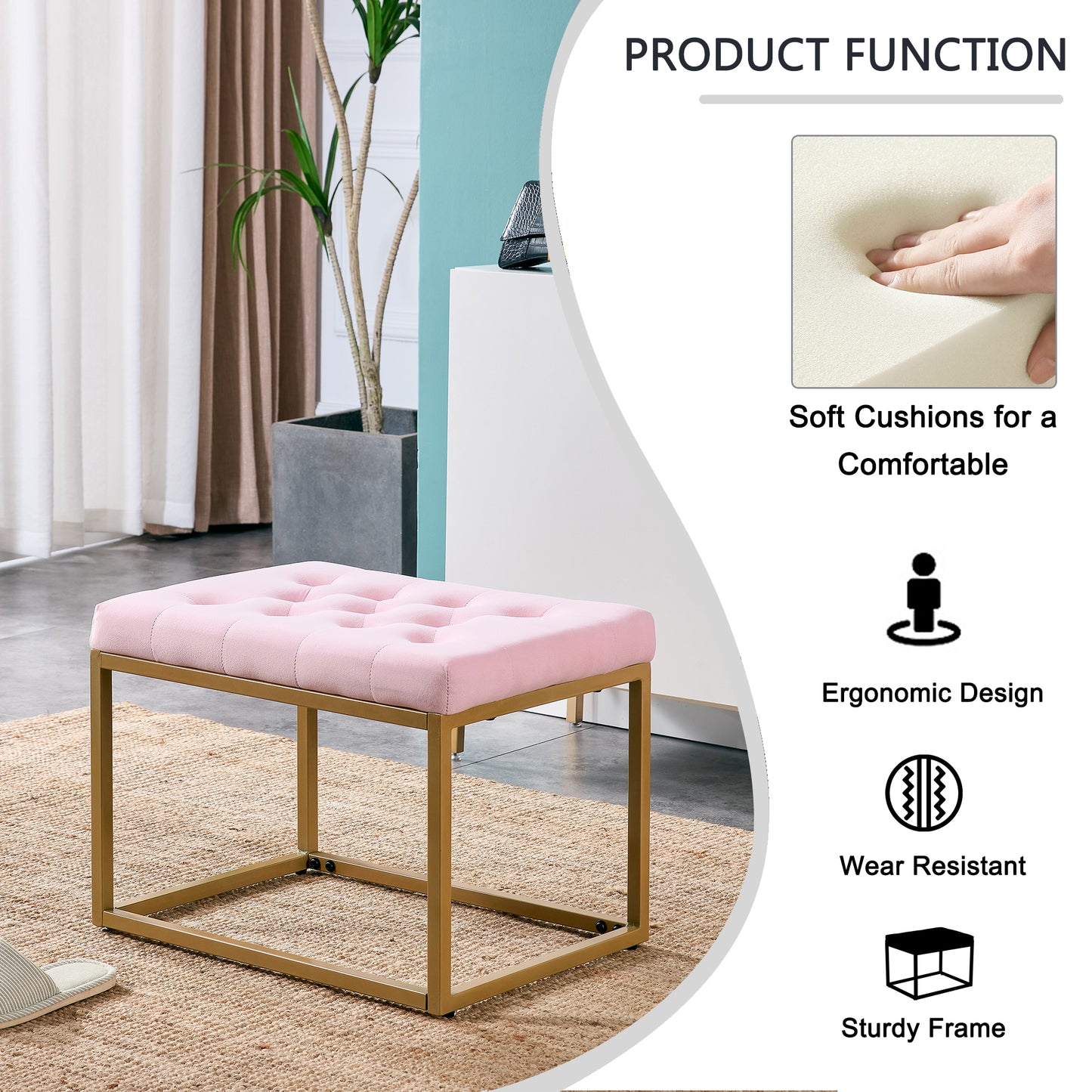 Chair Velvet Shoe Changing Stool, Footstool, Square Cushion Foot Stool, Sofa stool, Rest stool,Low Stool .Step Stool, Small Footrest .Suitable for Clothes Shop,Living Room, Porch,Pink BenchST-001-PI