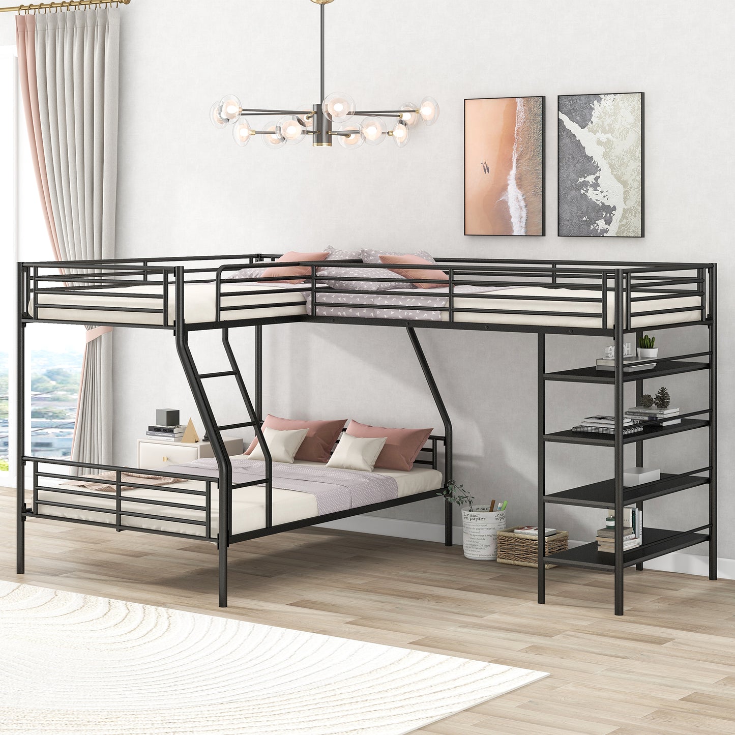 Triple Sleeper Bunk Bed with Loft, Shelves, and L-Shape Design, Black Metal